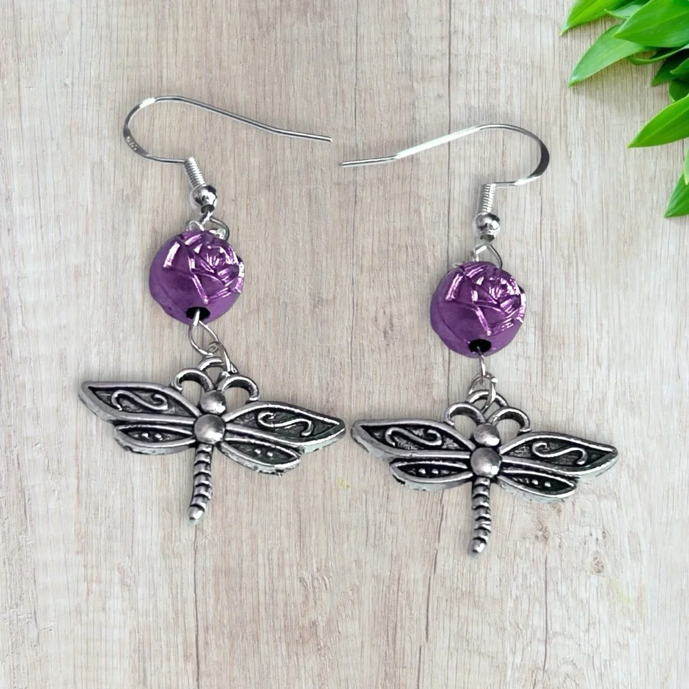 Hand Crafted Earrings Dragonfly ROSE Bead Dangle Silver Pierced Long